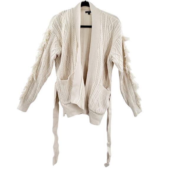 WHO WHAT WEAR Cream Fringe Belted Pockets Knit Cotton Blend Sweater Women's Sz S - Picture 1 of 7